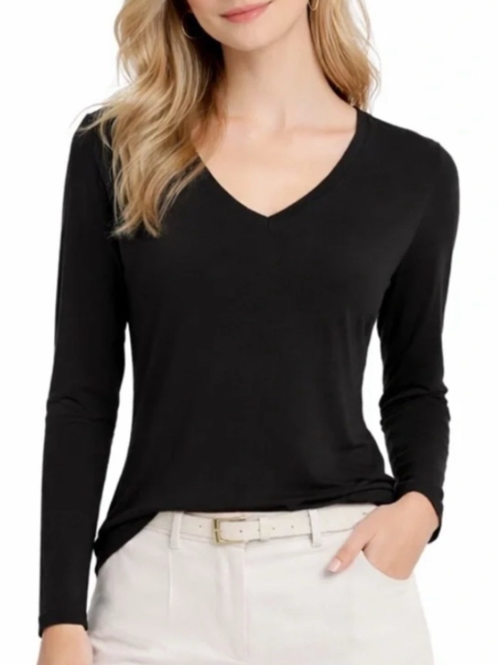 White House Black Market Black V-Neck Long Sleeve Tee Top M